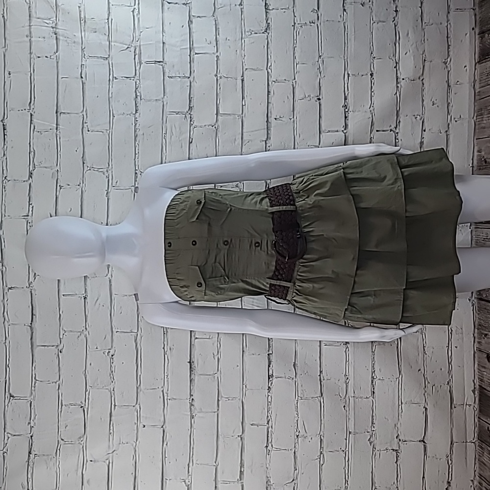 Body Central Cotton Smocked Bandeau Belted Ruffle Tiered Mini Dress Olive Green